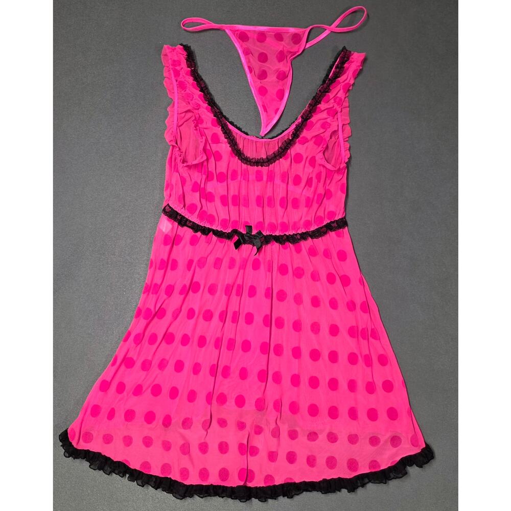 Betsey Johnson Sheer Babydoll Slip With Thongs 2x/3x Pink Polka Dots Stretch